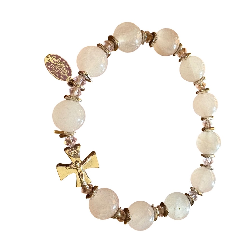 Rose Quartz Beaded Bracelet with Cross & Religious Medallion Charm‎